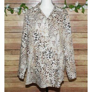 Chicos Size 3 XL 16/18 Leopard Animal Print No-Iron Cotton Button Up Blouse